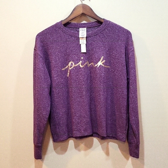 PINK Victoria's Secret Tops - NWT Pink LS waist length purple heathered top oversize XS with gold pink logo